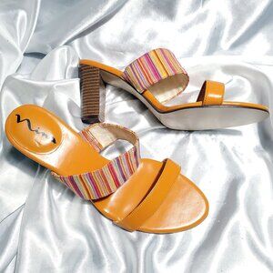 NEW NINA patent orange multi color straps wood stack heel slides SZ 9.5